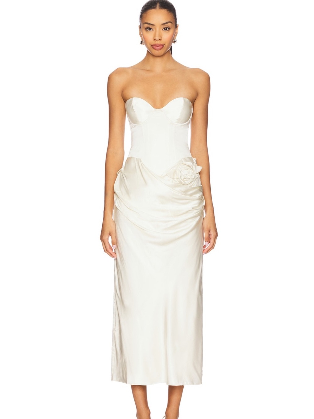 LPA Strapless Ivory Satin Midi Dress with Rosette Detail